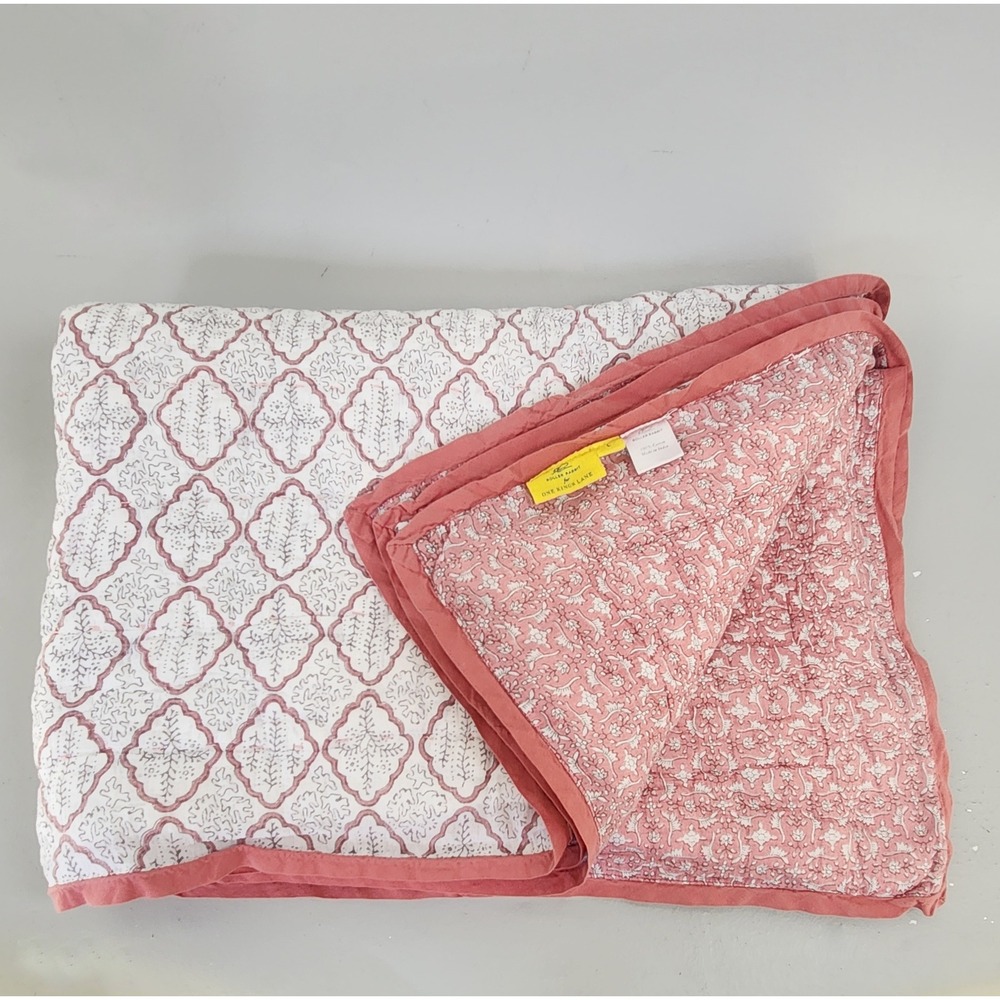 Roller Rabbit One Kings Lane Baby Quilt Pink White Block Print Cotton Boho 38×50